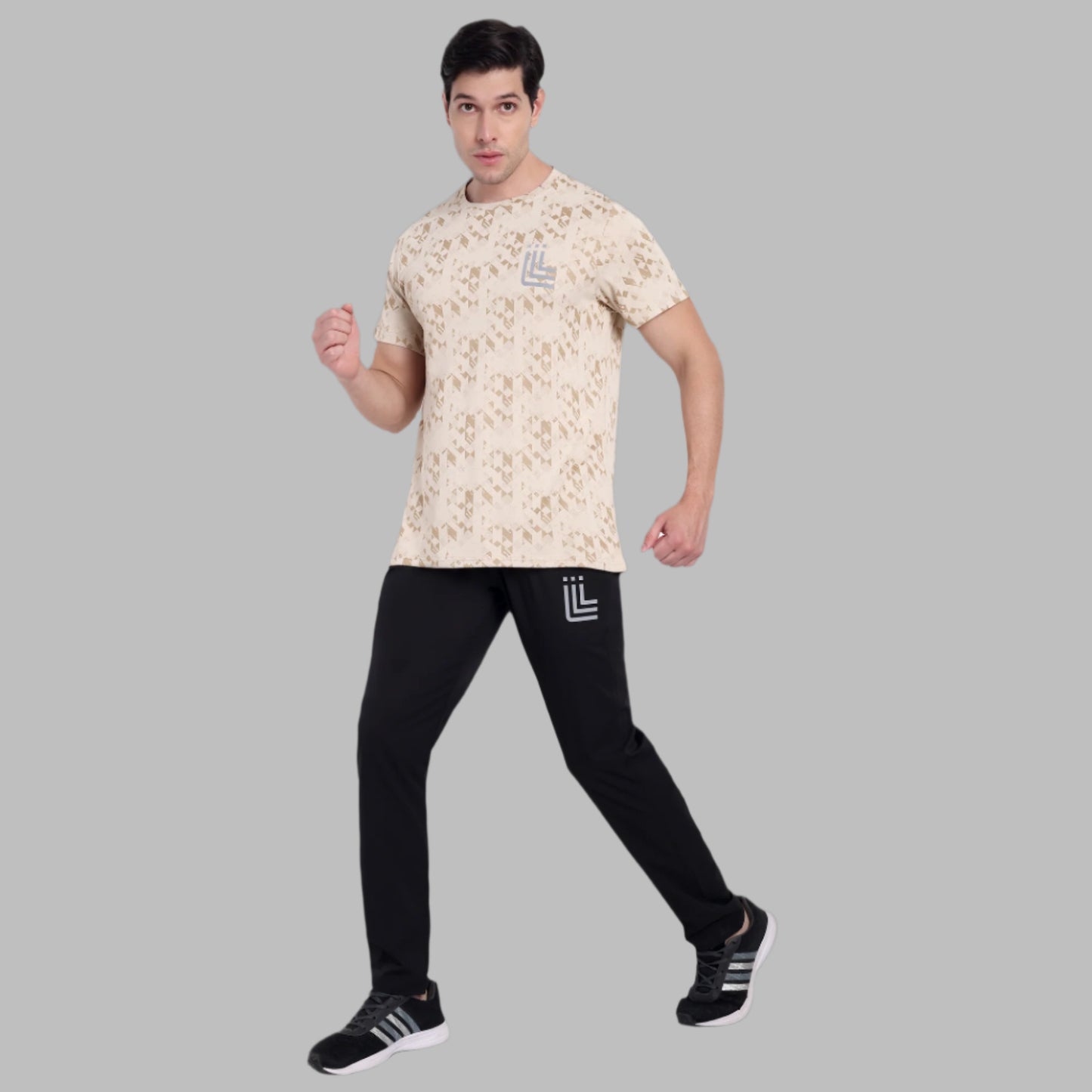 Beige Textured Performance T-Shirt For Men