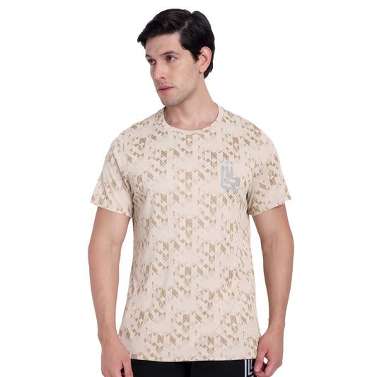 Beige Textured Performance T-Shirt For Men