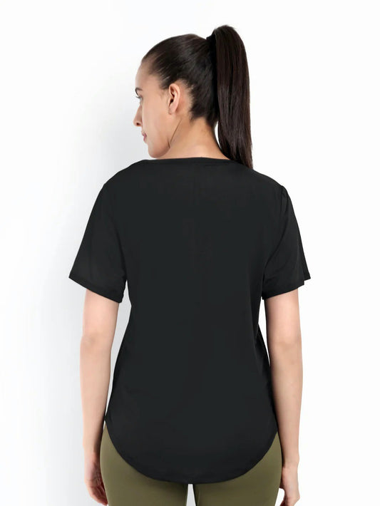 Black Rapid Dry Apple Cut Workout T-Shirt For Women
