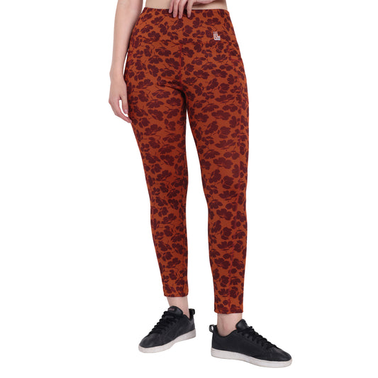Dark Orange Floral Printed Gym Tights