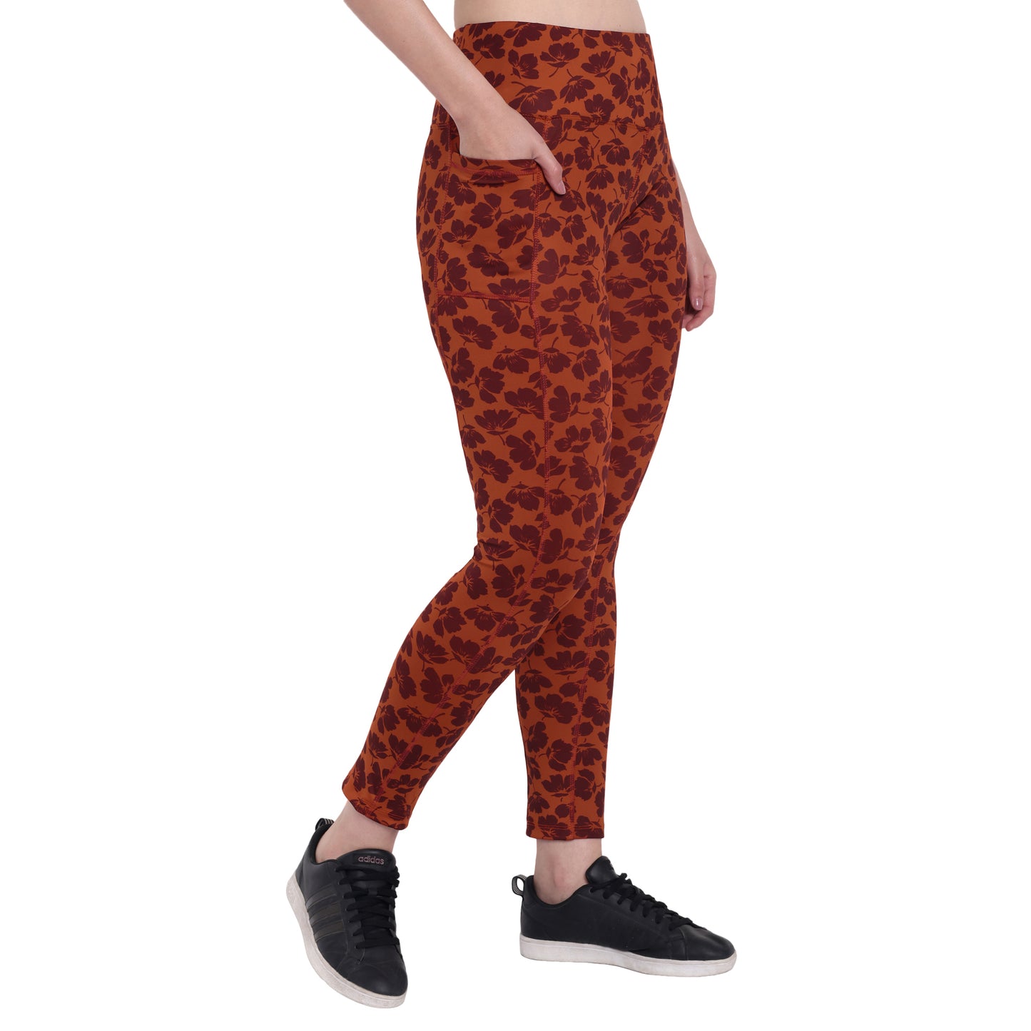 Dark Orange Floral Printed Gym Tights