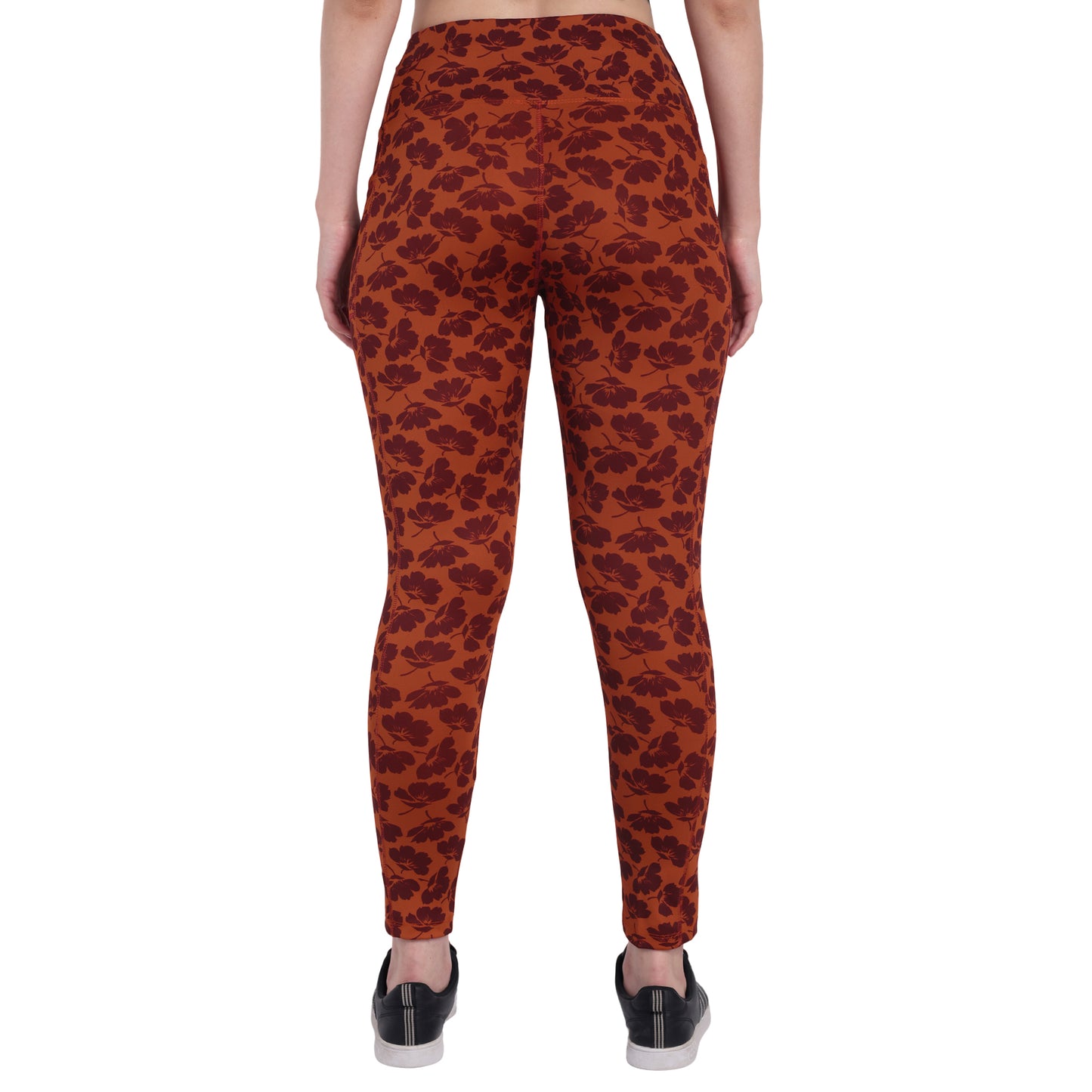 Dark Orange Floral Printed Gym Tights