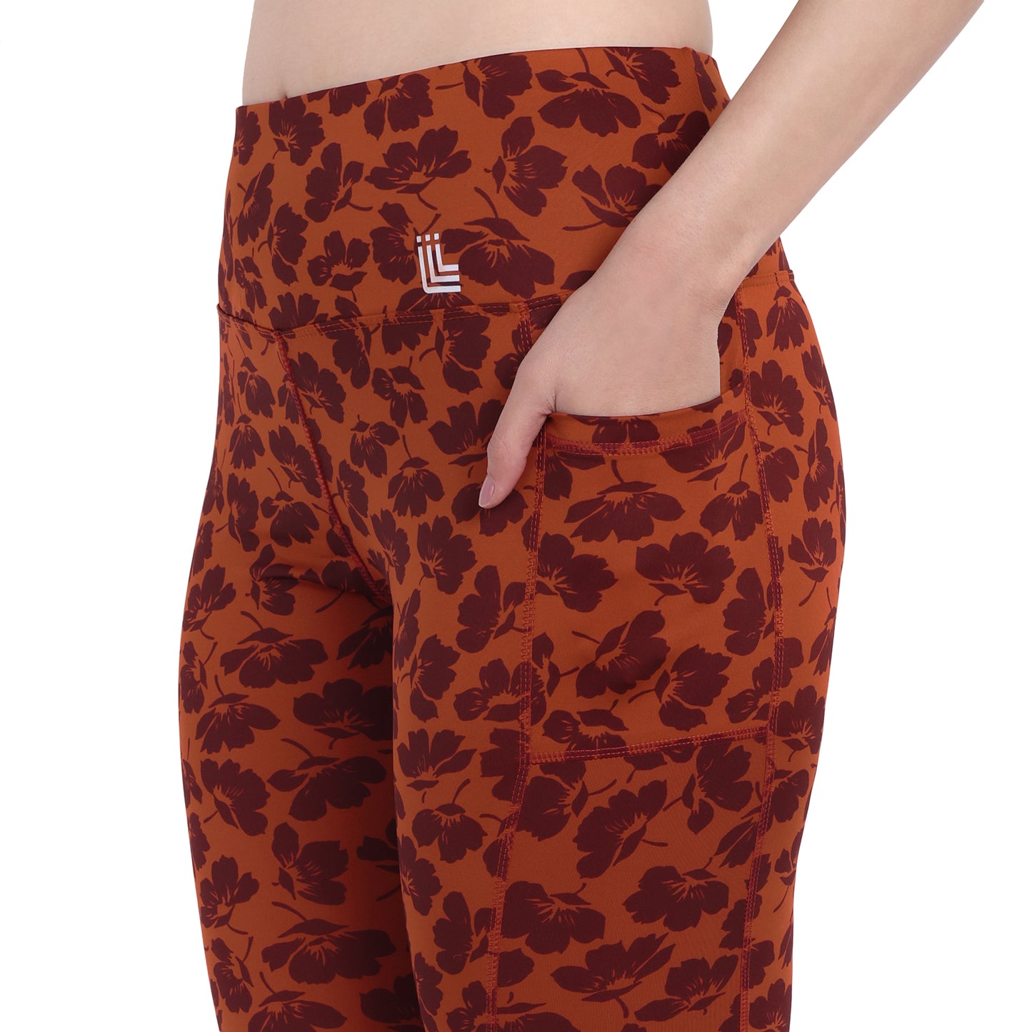 Dark Orange Floral Printed Gym Tights