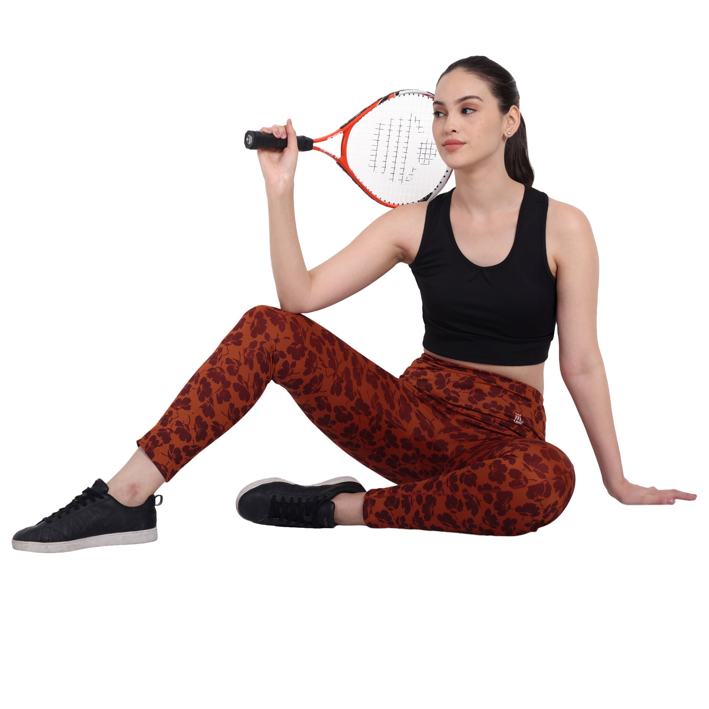 Dark Orange Floral Printed Gym Tights