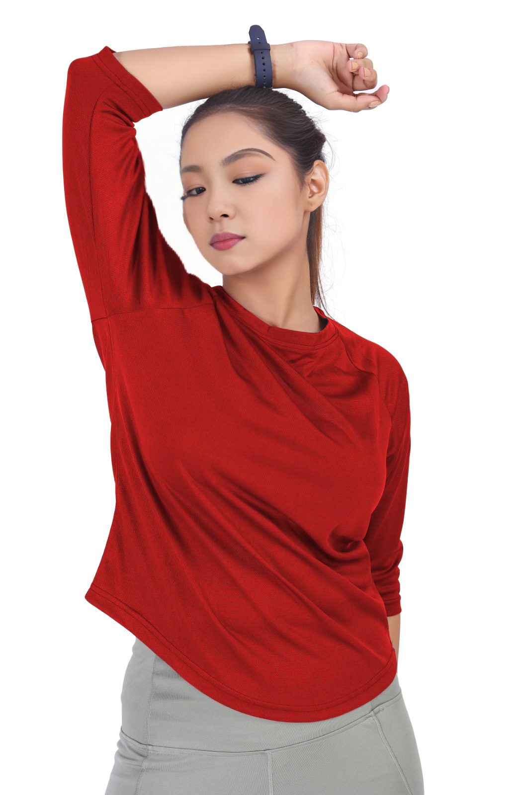Red 3/4 Sleeve Rapid Dry Workout T-Shirt For Women