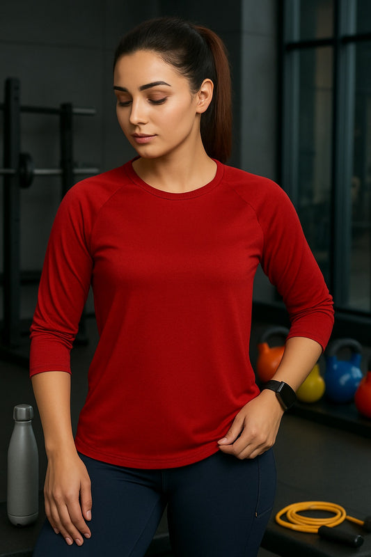 Red 3/4 Sleeve Rapid Dry Workout T-Shirt For Women
