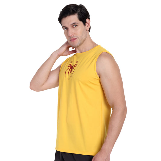 Yellow Round Neck Gym Stringer & Tank Top for Men
