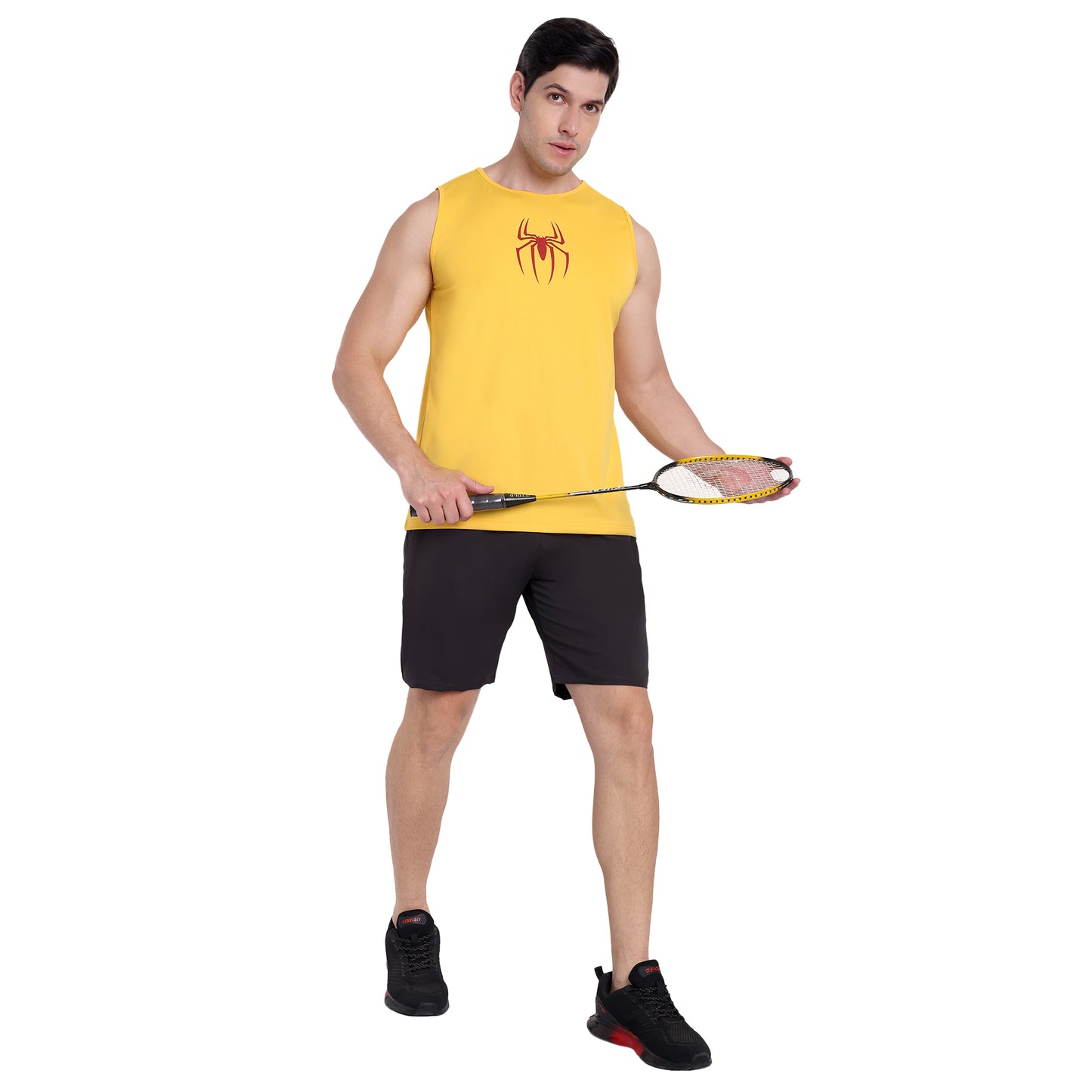 Yellow Round Neck Gym Stringer & Tank Top for Men
