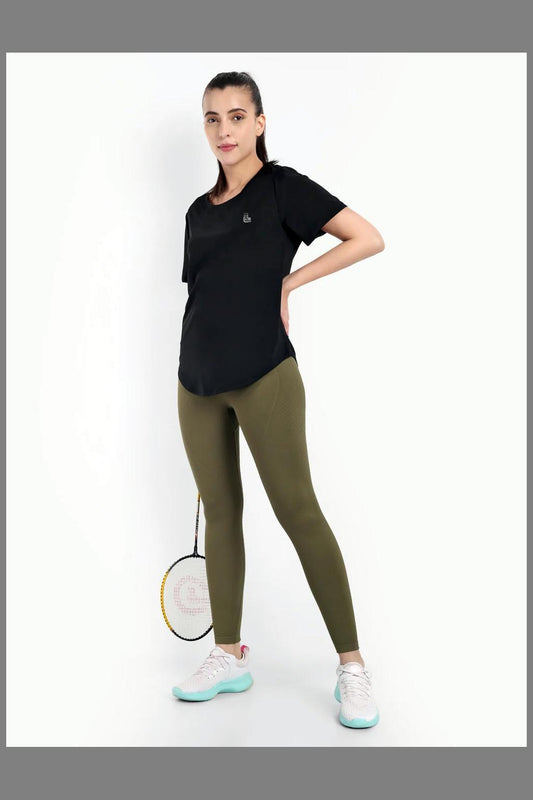 Black Rapid Dry Apple Cut Workout T-Shirt For Women