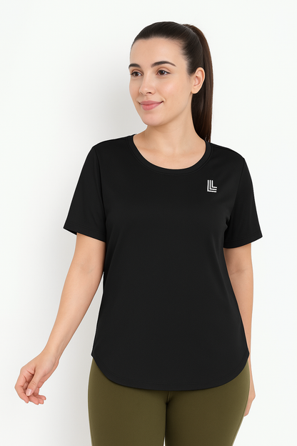 Black Rapid Dry Apple Cut Workout T-Shirt For Women