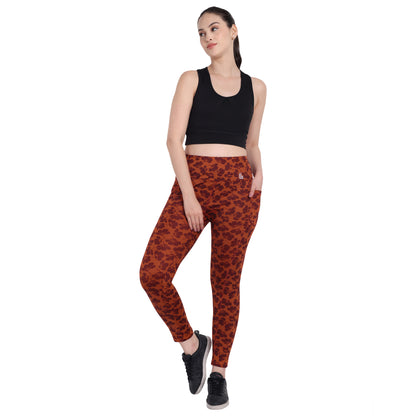 Dark Orange Floral Printed Gym Tights