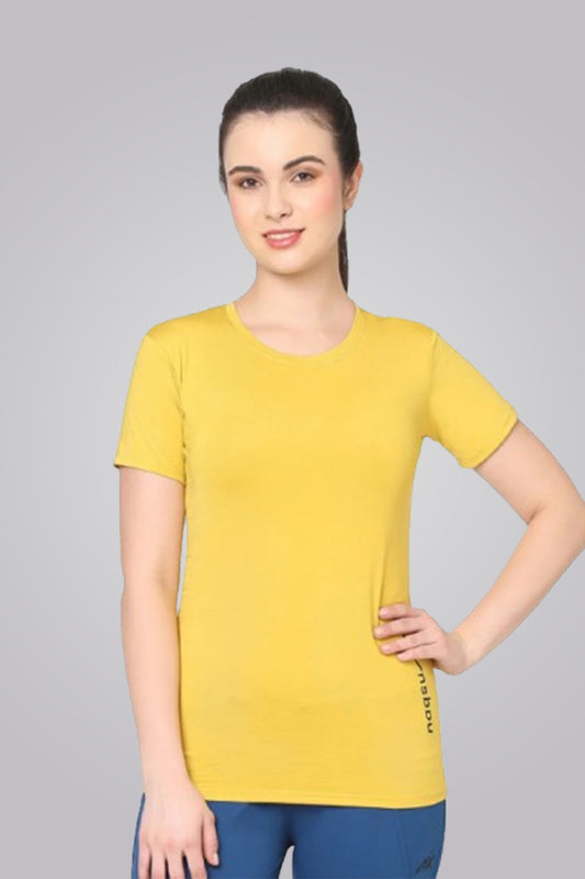 Round Neck Yellow Dry-fit Gym T-Shirt For Women