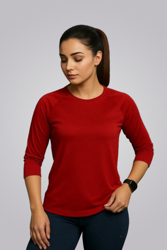 Red 3/4 Sleeve Rapid Dry Workout T-Shirt For Women