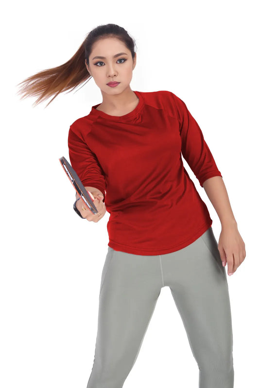 Red 3/4 Sleeve Rapid Dry Workout T-Shirt For Women
