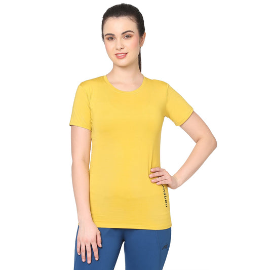 Round Neck Yellow Dry-fit Gym T-Shirt For Women