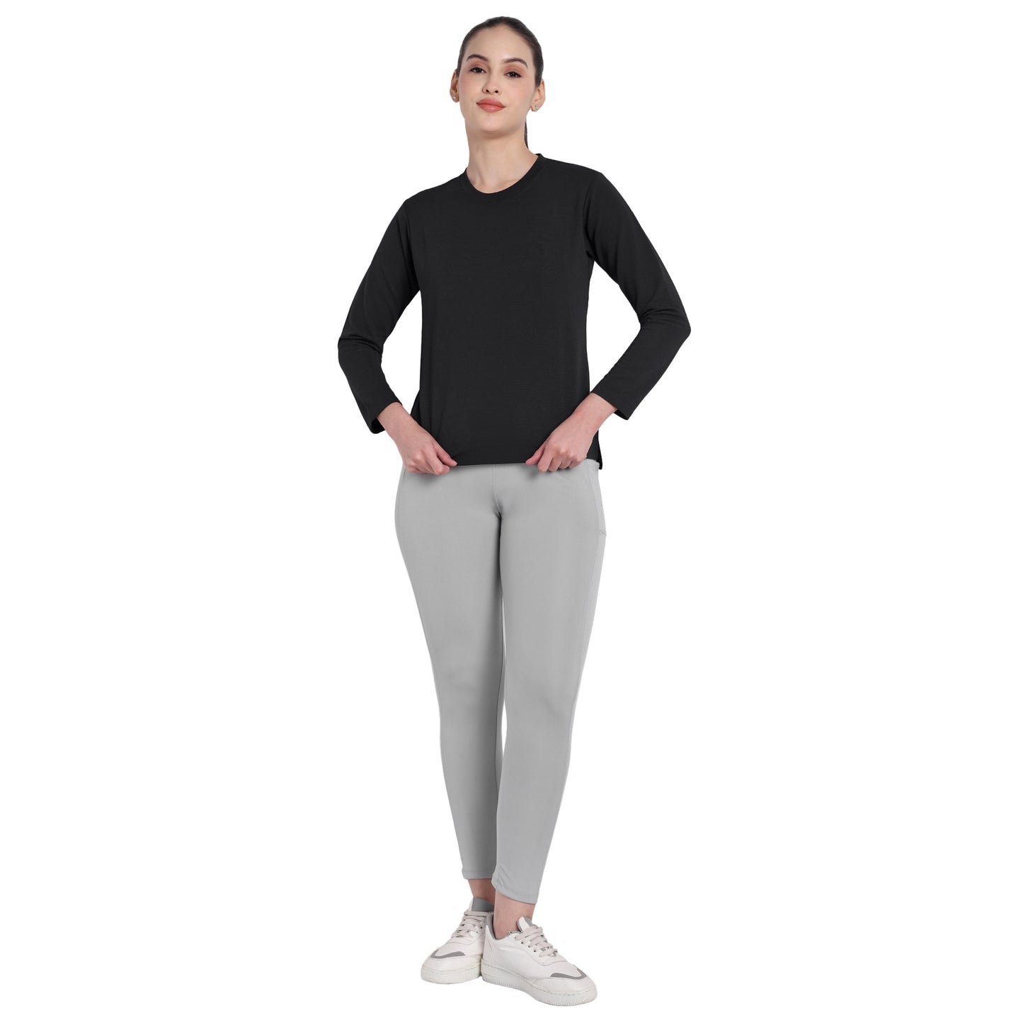 Full Sleeve Dry-fit Round Neck Black T-Shirt For Women