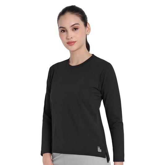 Full Sleeve Dry-fit Round Neck Black T-Shirt For Women