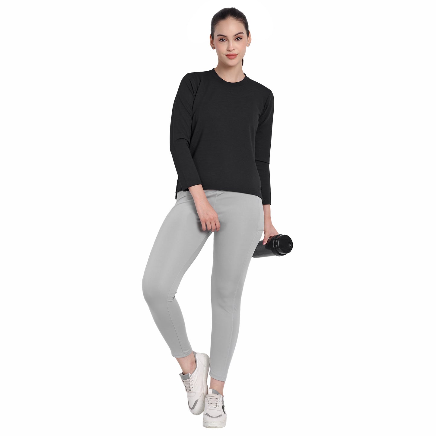 Full Sleeve Dry-fit Round Neck Black T-Shirt For Women