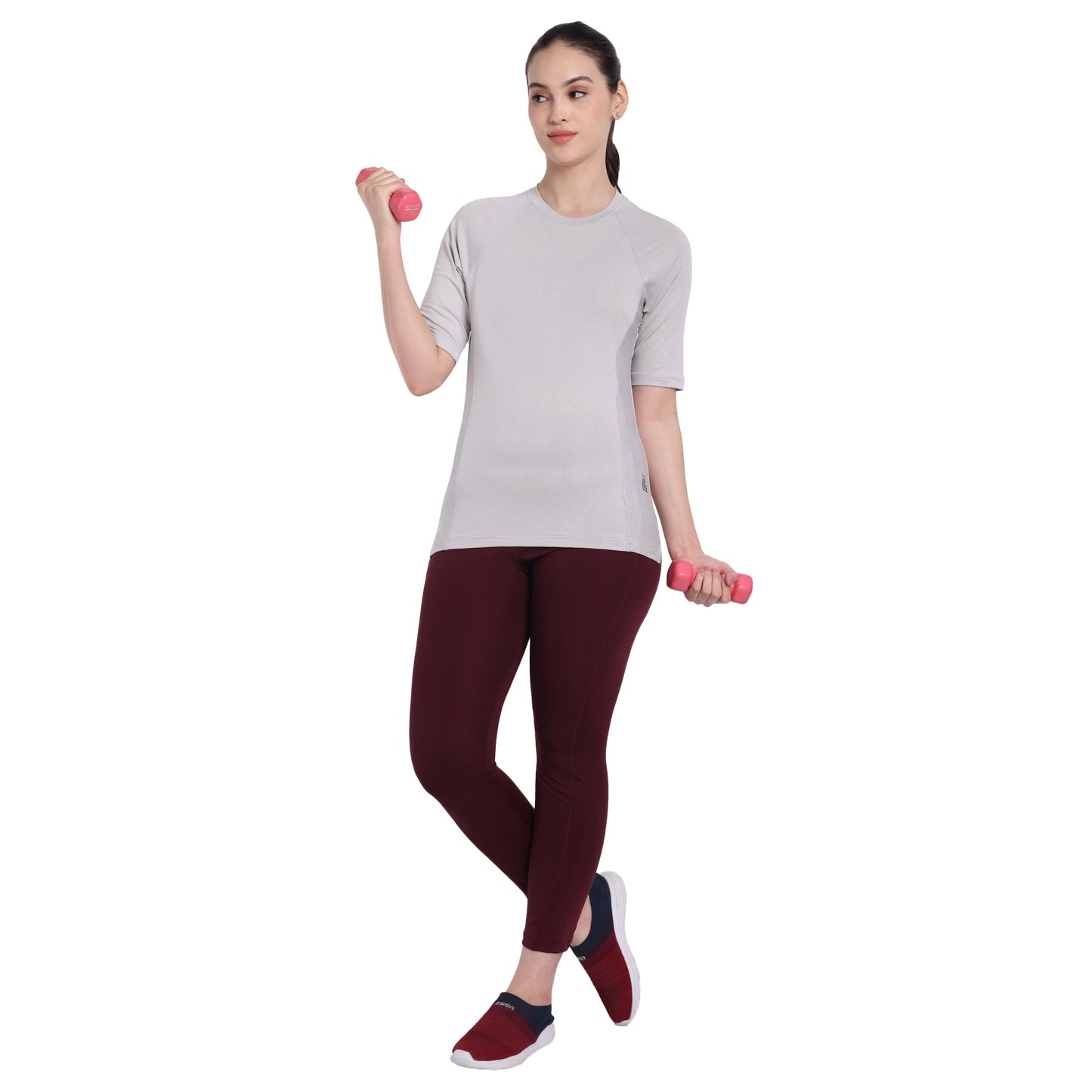 Round Neck  Light Grey Dry-fit Gym T-Shirt For Women