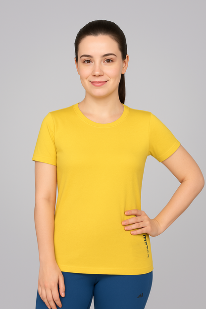 Round Neck Yellow Dry-fit Gym T-Shirt For Women